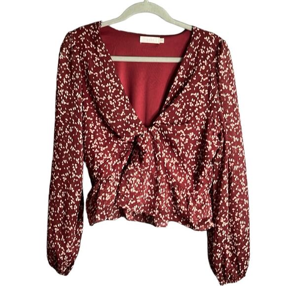Lush Maroon and White Print Long Balloon Sleeve Twist Front Blouse Size Large - Picture 1 of 8